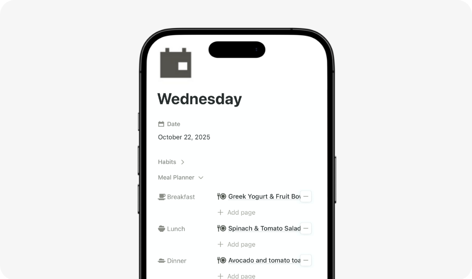daily meal planner for breakfast, lunch and dinner