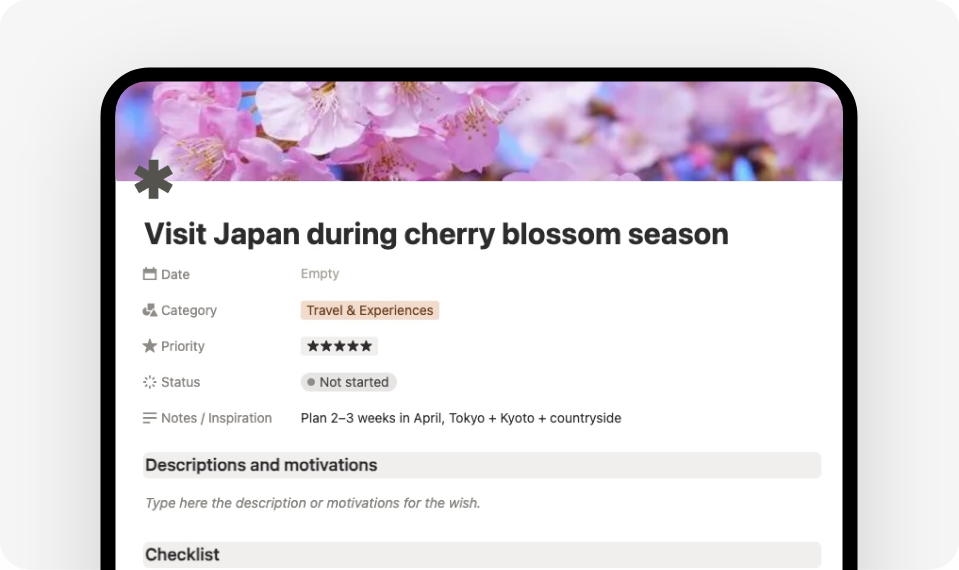 goal card with checklist, description, milestones, wishes and vision board