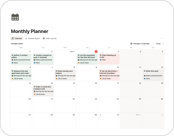 monthly task calendar