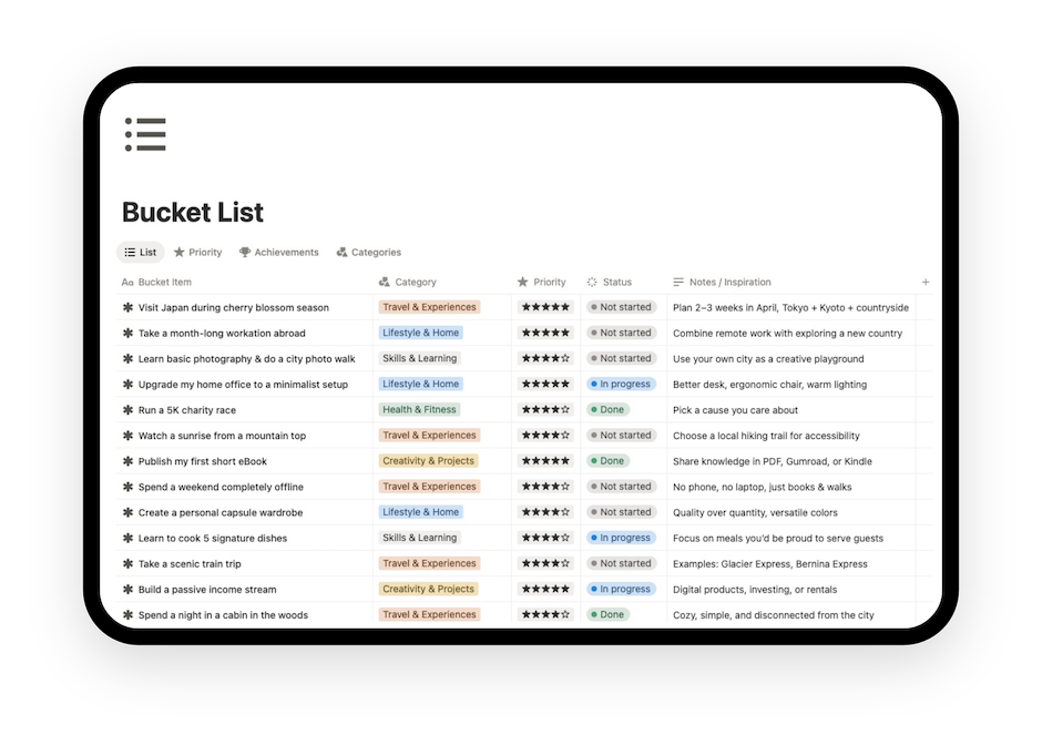 notion bucket list template