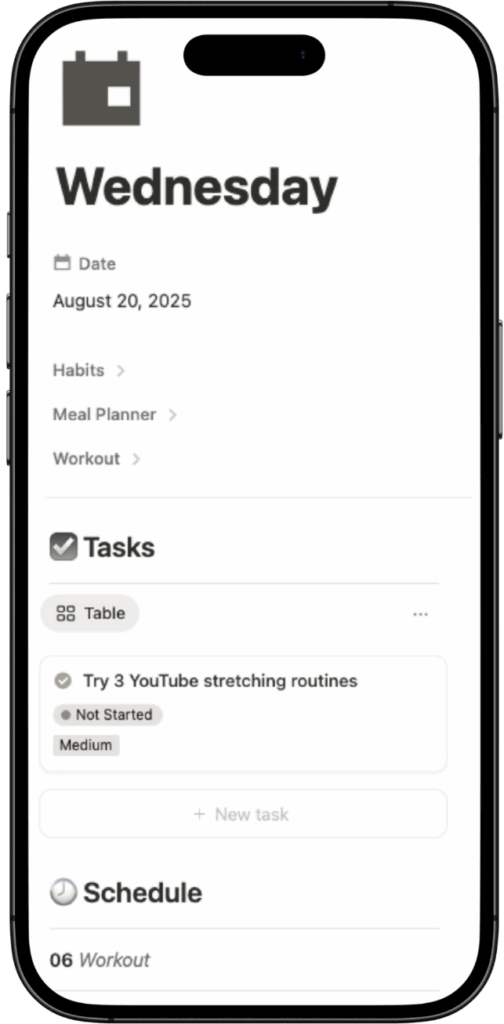 notion daily planner template - mobile phone app mockup