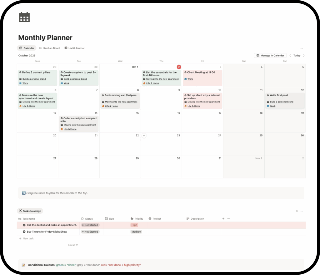 notion monthly planner template and calendar - screenshot from the app
