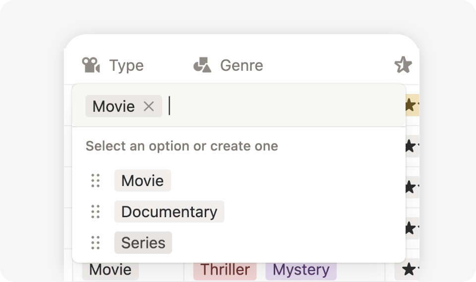 notion movie tracker organized by category