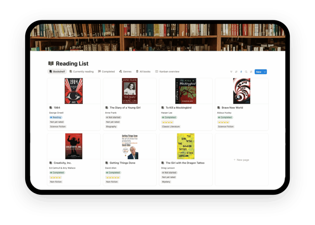 notion reading list template homepage