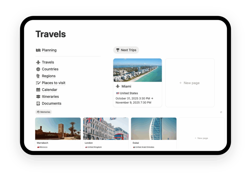 notion travel planner template with itineraty plan and packing list