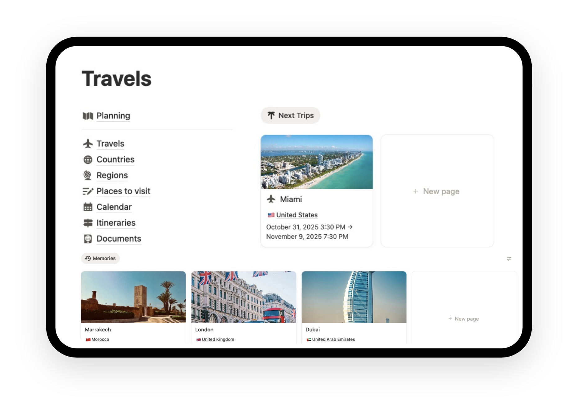 notion travel planner template with itineraty plan and packing list