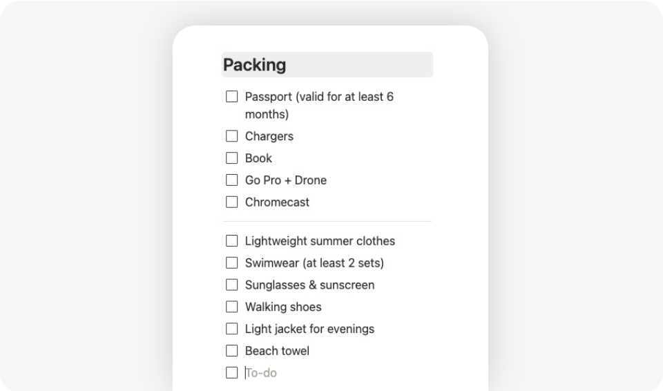 packing list for trips items