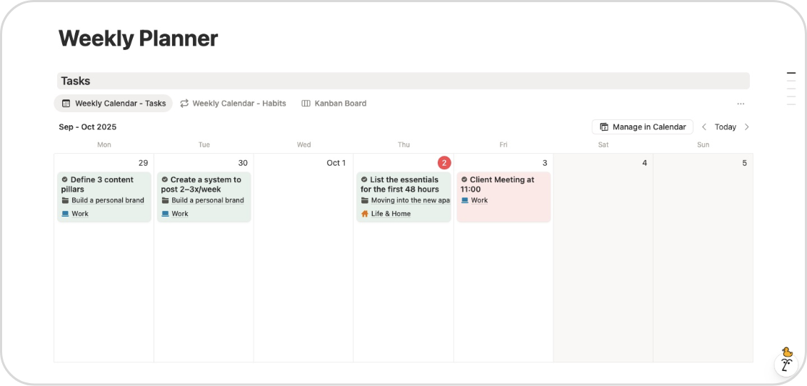 weekly task calendar