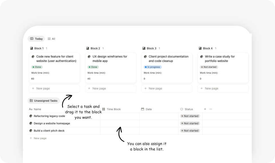 Demonstration of how tasks work with time blocks
