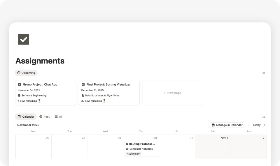 Assignment Tracker Template for students to organize projects and deadlines in Notion