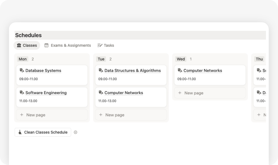 Class Schedule Notion Template for managing subjects and weekly timetable