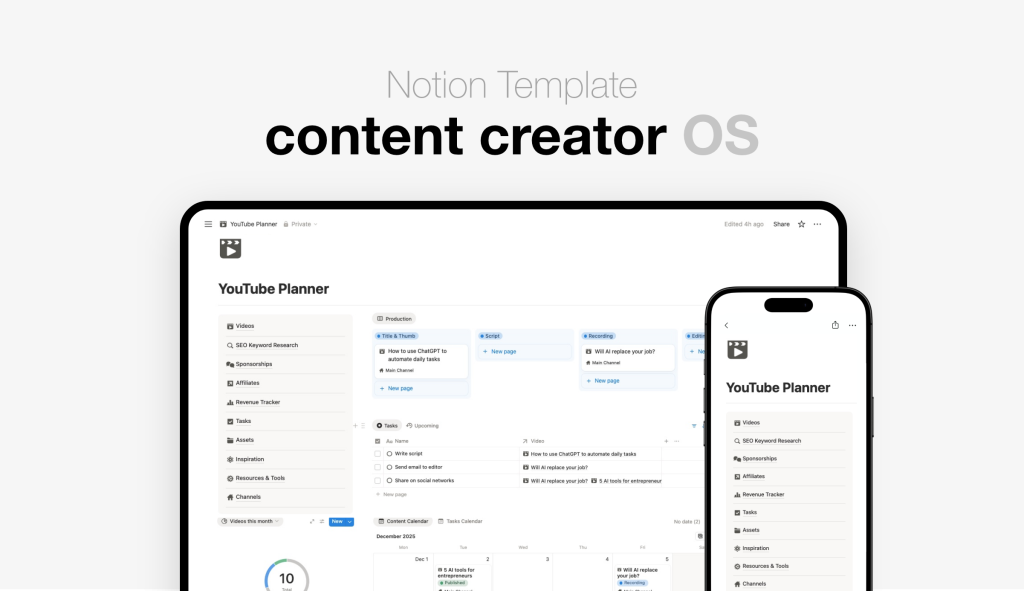 Notion template for content creators showing content pipeline, production tracker, content calendar, revenue analytics, sponsors and keyword tracking for a side project