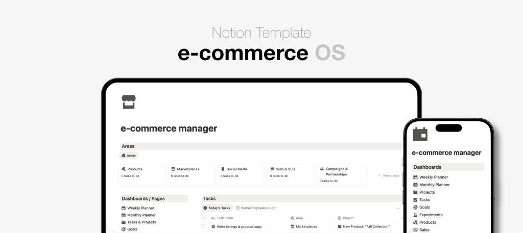 Notion template for ecommerce side project with product management, marketing campaigns, social media planning, tasks, projects and sales tracker