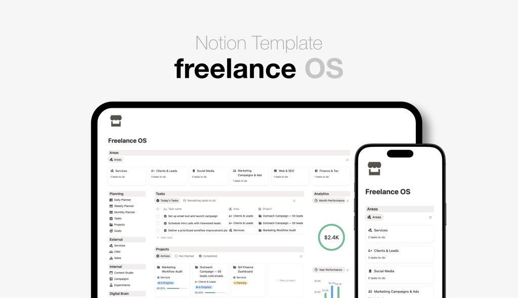 Notion template for freelance side project including client CRM, projects, tasks, outreach tracking, content creation and finance management