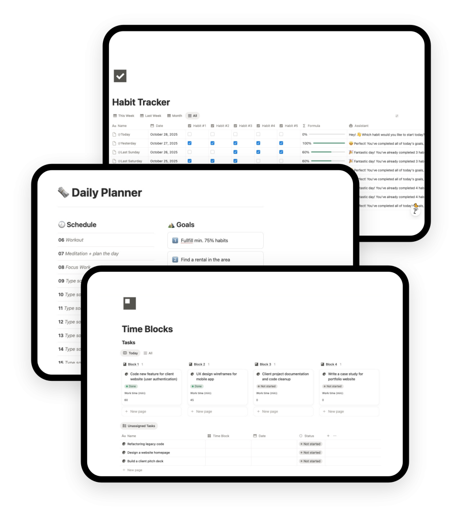 best notion templates for productivity selection (habit tracker, daily planner, time blocks collage)