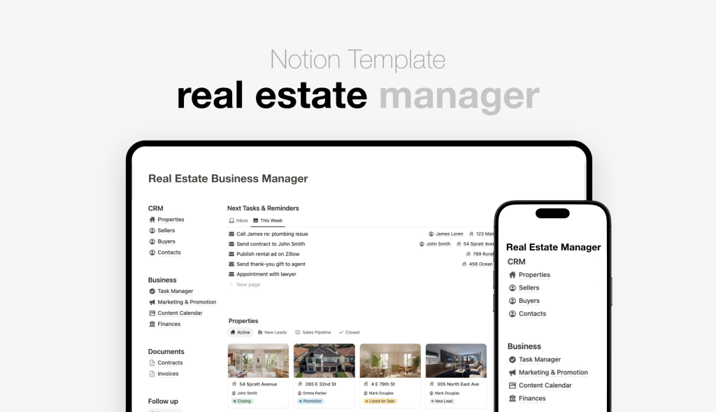 Notion template for real estate agent side project with CRM, property listings, deal pipeline and sales task tracking