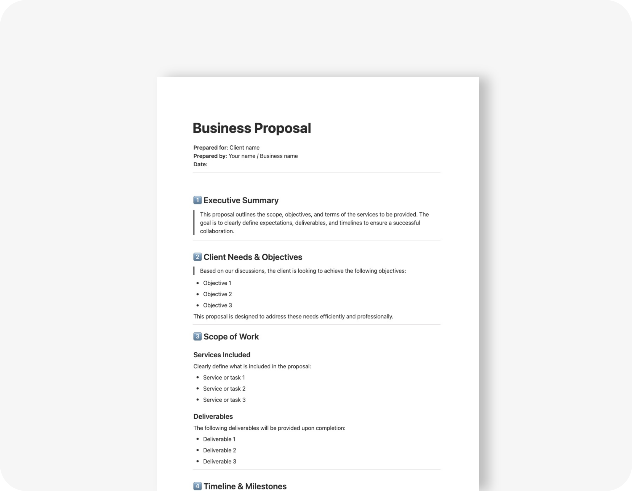 Freelance Business Proposal Template free download for Freelancers and Consultants. Minimalist cover design shown in Microsoft Word and Notion formats. Clean and simple Project Pitch Deck sample for client estimates, quotes, and job bids. Editable digital download for creative agencies and solopreneurs.