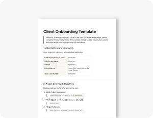 freelance client onboarding template free download (word docx), with clean, minimalist appearance, with the first clauses visible for the customer to fill in.