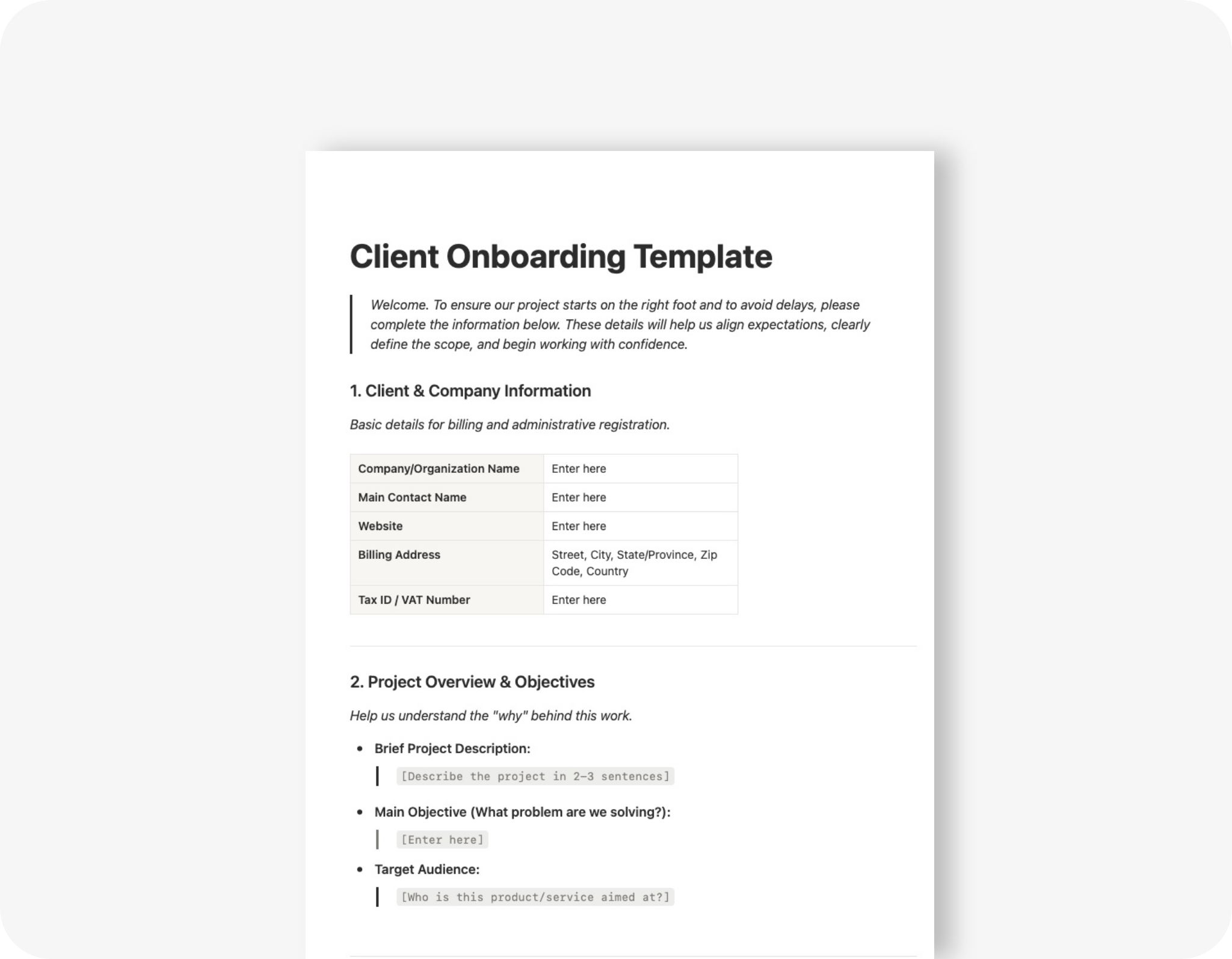 freelance client onboarding template free download (word docx), clean, minimalist appearance, with the first clauses visible for the customer to fill in.