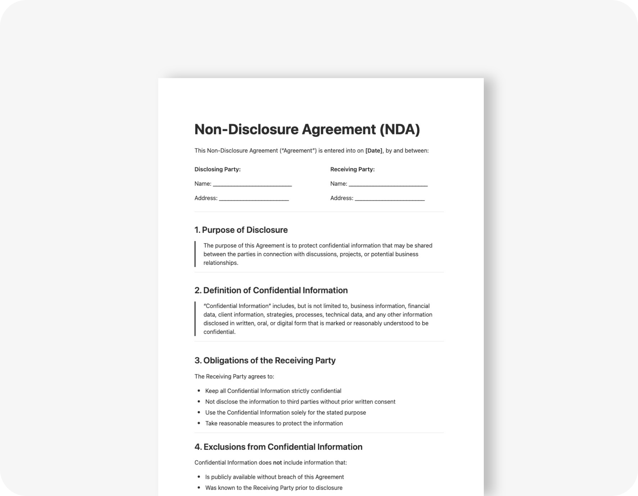 freelance nda template word free download suitable for exporting to pdf