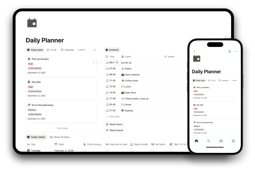 Notion daily planner template free featuring a to-do list for today and hourly time blocks, displayed in desktop view on a Mac and mobile view on an iPhone.