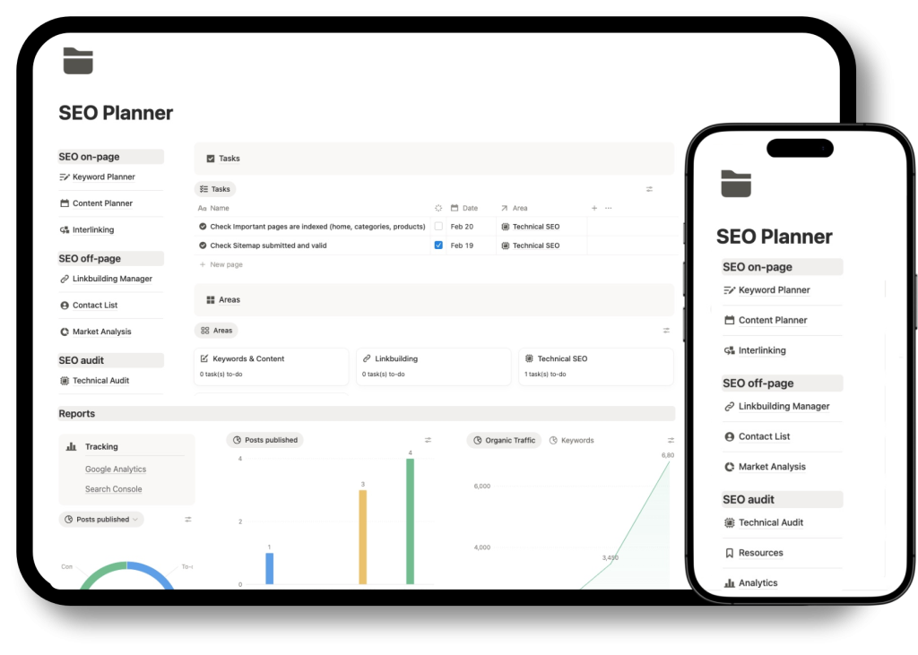 A sleek workspace displaying the Notion SEO management template dashboard, that includes a keyword strategy database, content planner, linkbuilding crm, project planner board and SEO monthly reports.