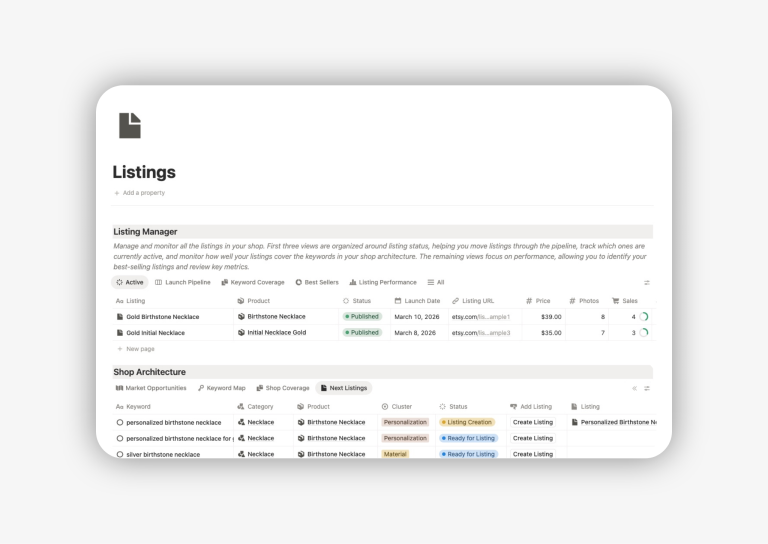 How to plan Etsy listings using a Notion listing planner template with a database specific for online shops