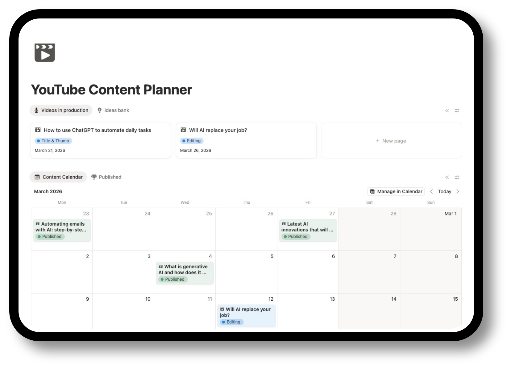 Notion YouTube Content Planner template, showing video ideas kanban board, content calendar and published videos analytics