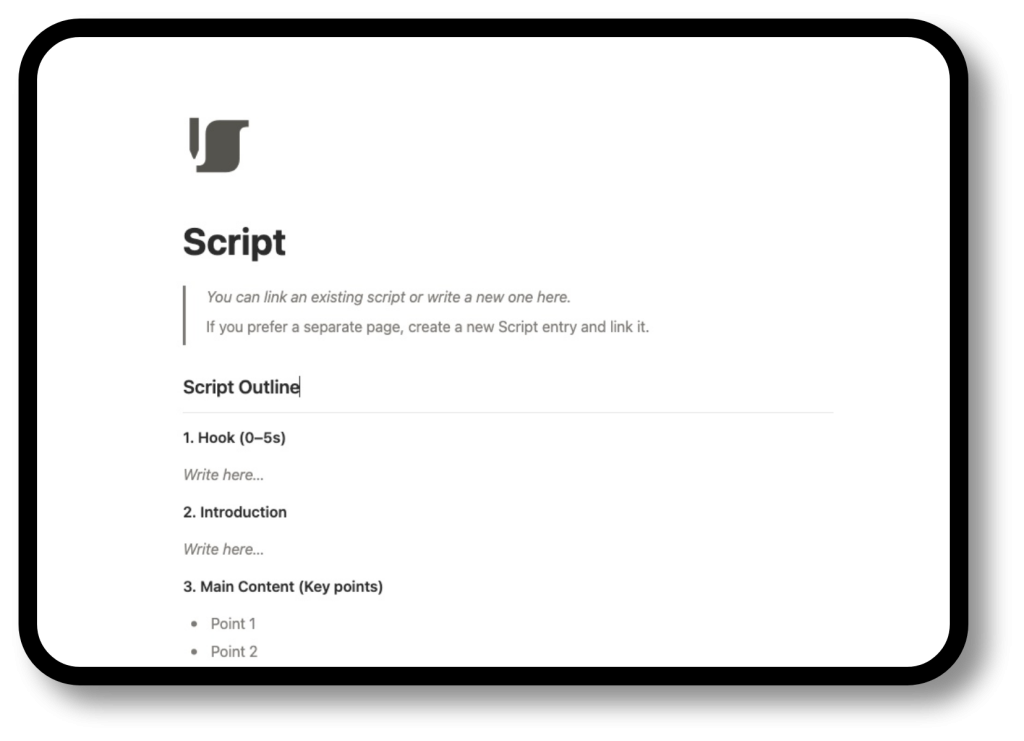 Notion YouTube Script Template for hooks, outline, video key points and ctas