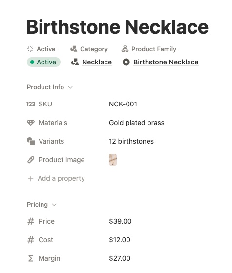 a product page of a shop example with sku number, materials and variants info, product image and pricing strategy
