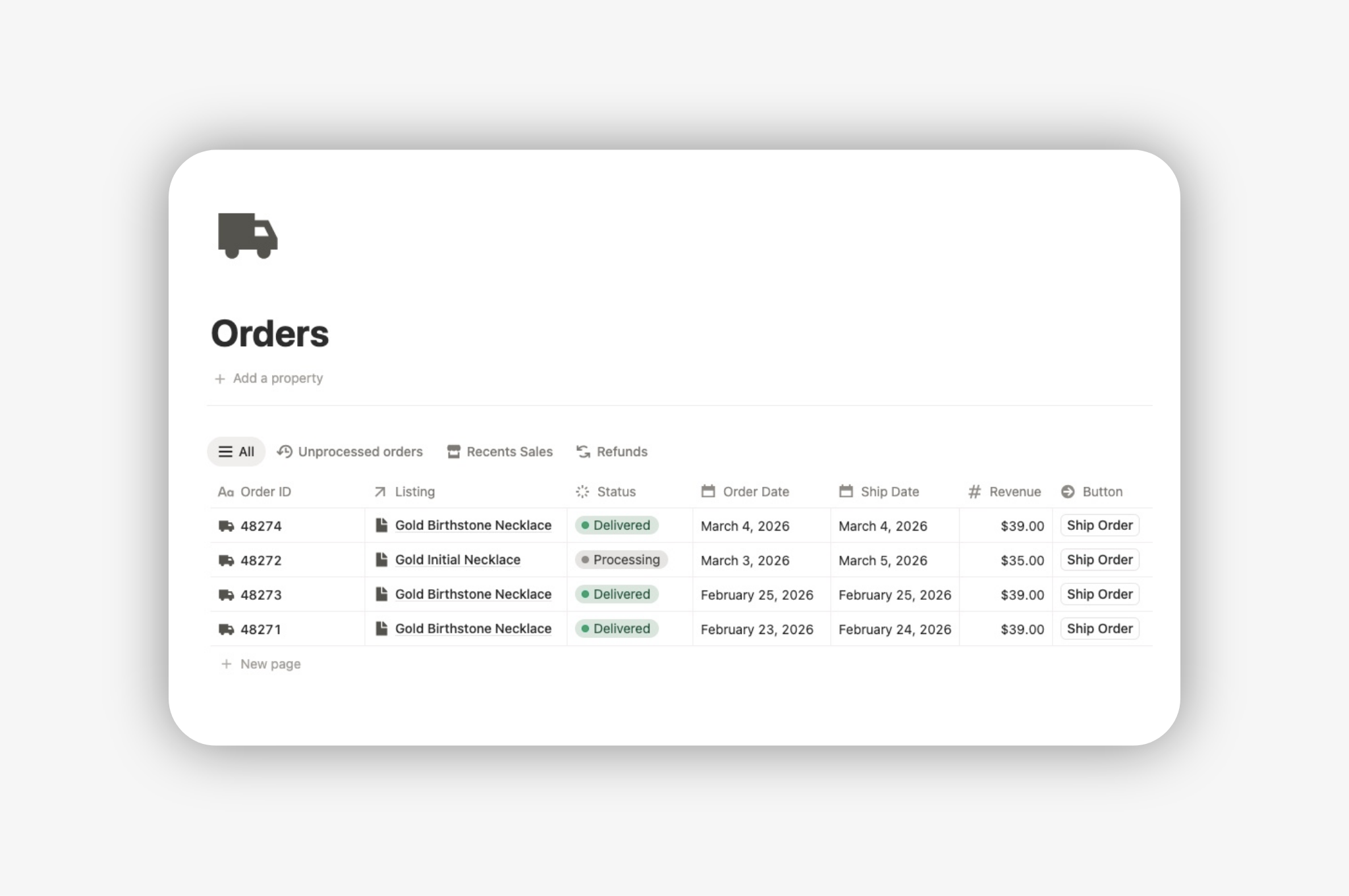 etsy order management template for Notion with properties, rollups and formulas to Organize Orders, Tracking and Fulfillment