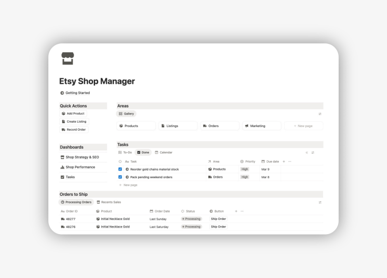 A blog post about managing an Etsy shop that includes an image of a Notion template for Etsy sellers