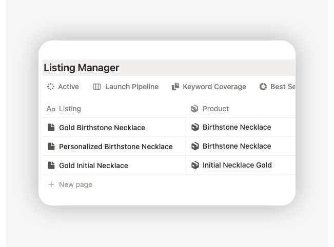 listing linked to a product record in notion table with sku category and materials logs