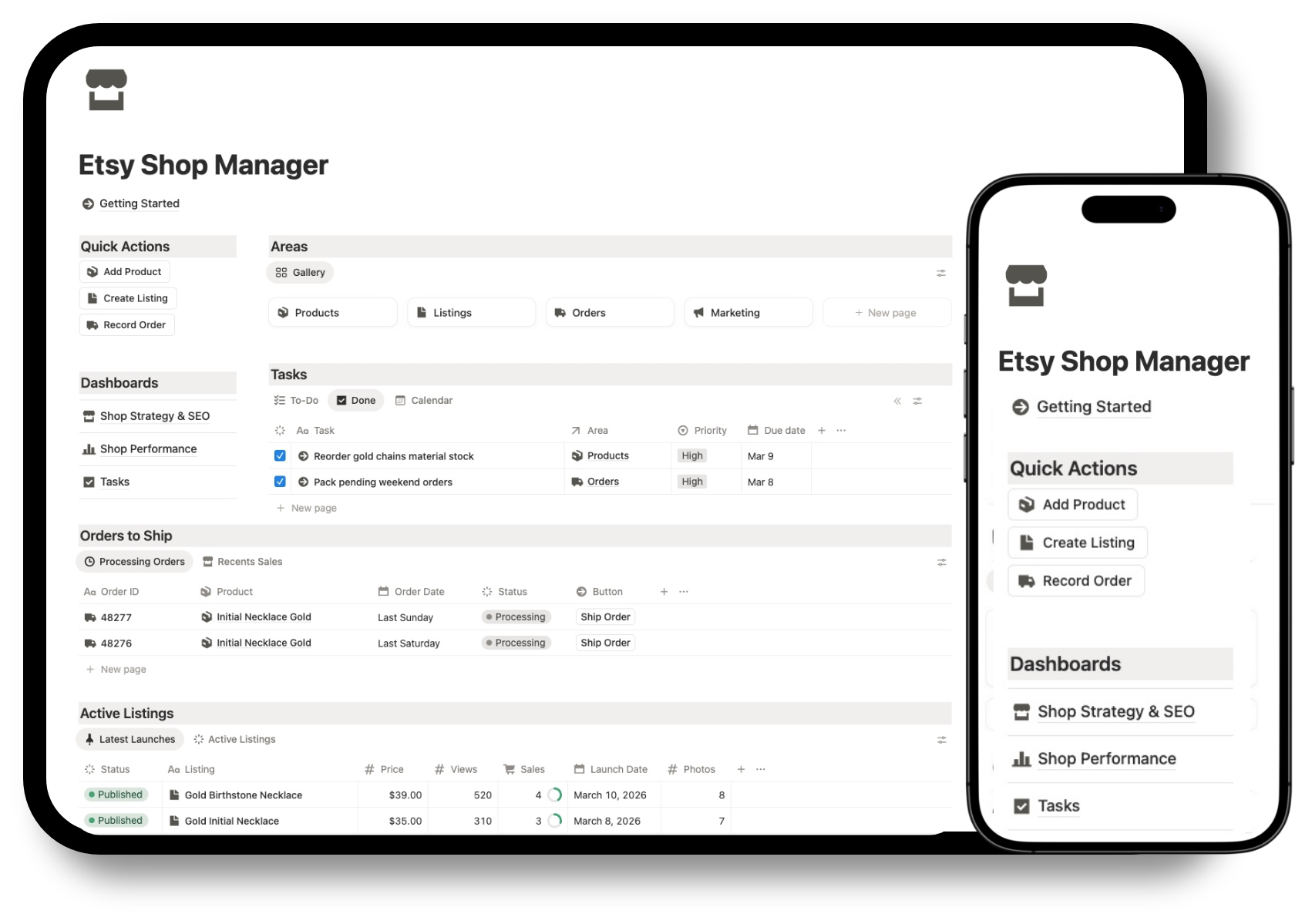 notion etsy shop planner template to manage inventory, orders, products and listings