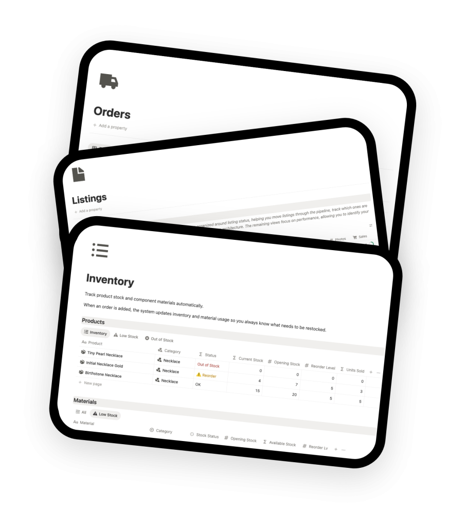 notion templates for etsy sellers: inventory, orders, listings and products management