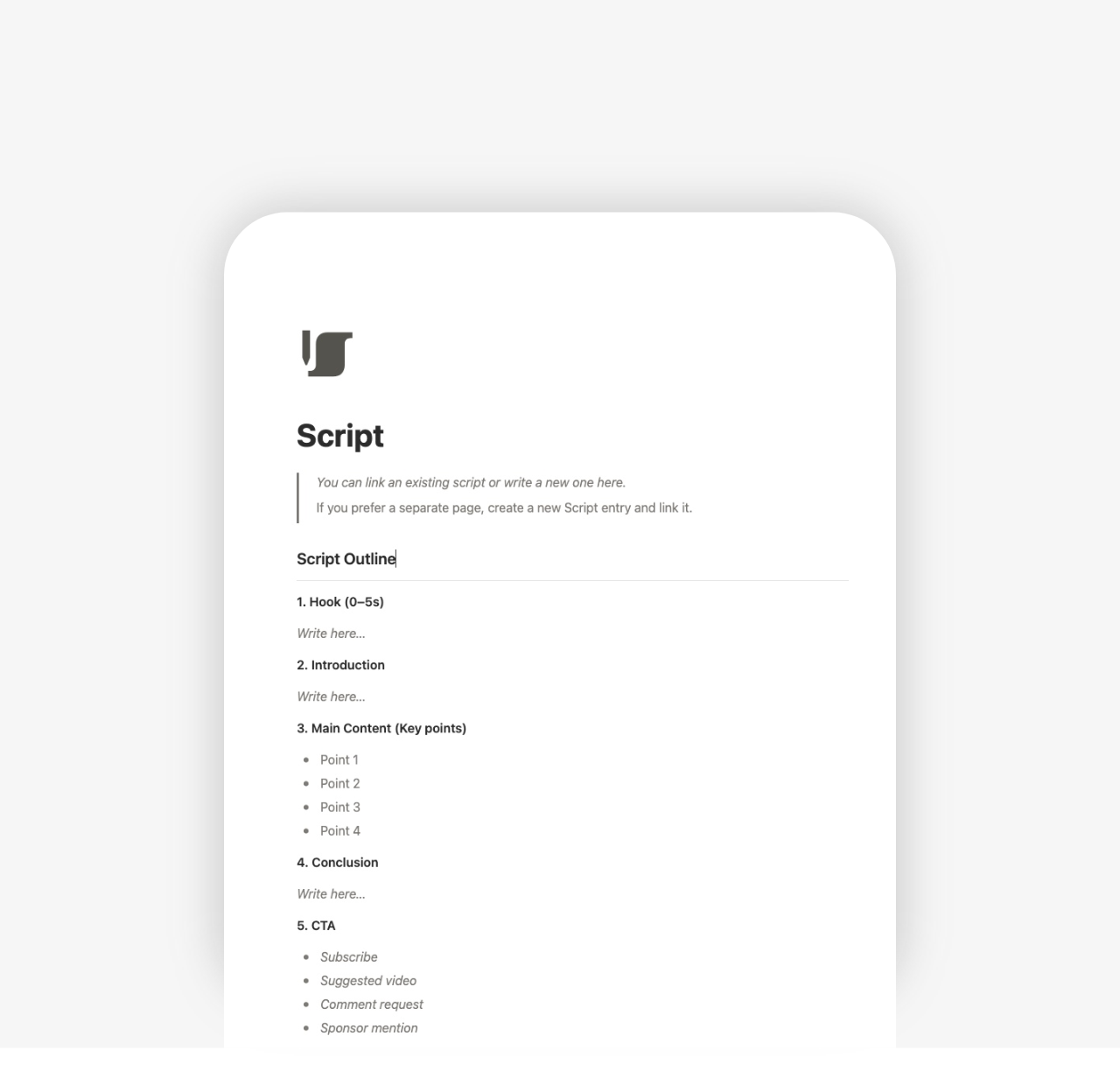 notion youtube script template for videos with hooks, intro, key points, conclusion and cta