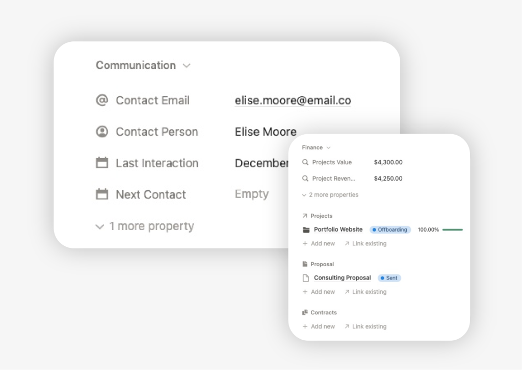 Mockup of client notes and context inside the Notion freelance CRM template showing details and relationship history