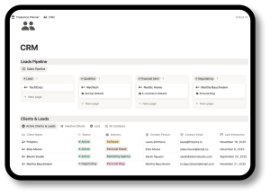 Mockup of the main dashboard of the Notion freelance CRM template showing leads, active clients and follow-up tracking