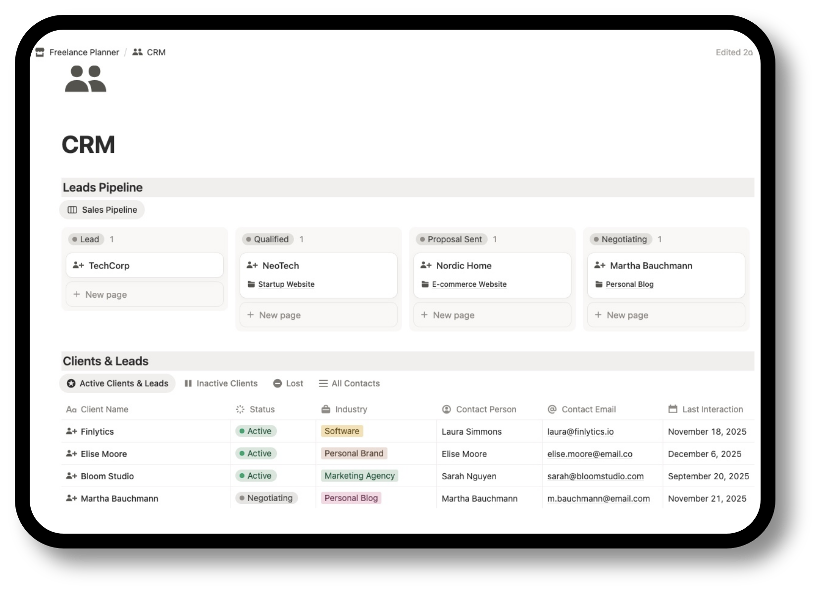 Mockup of the Clients and CRM section in the Notion freelance CRM template showing leads, active clients and follow-up tracking