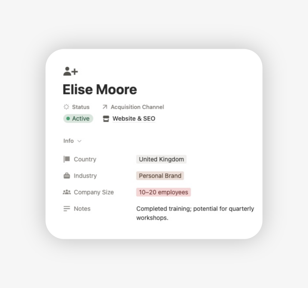 Mockup of the client profile in the Notion freelance CRM template showing freelance client page, contact details and relationship status