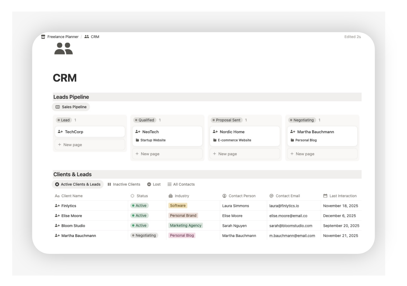 Notion freelance CRM template for tracking leads, clients and follow-ups