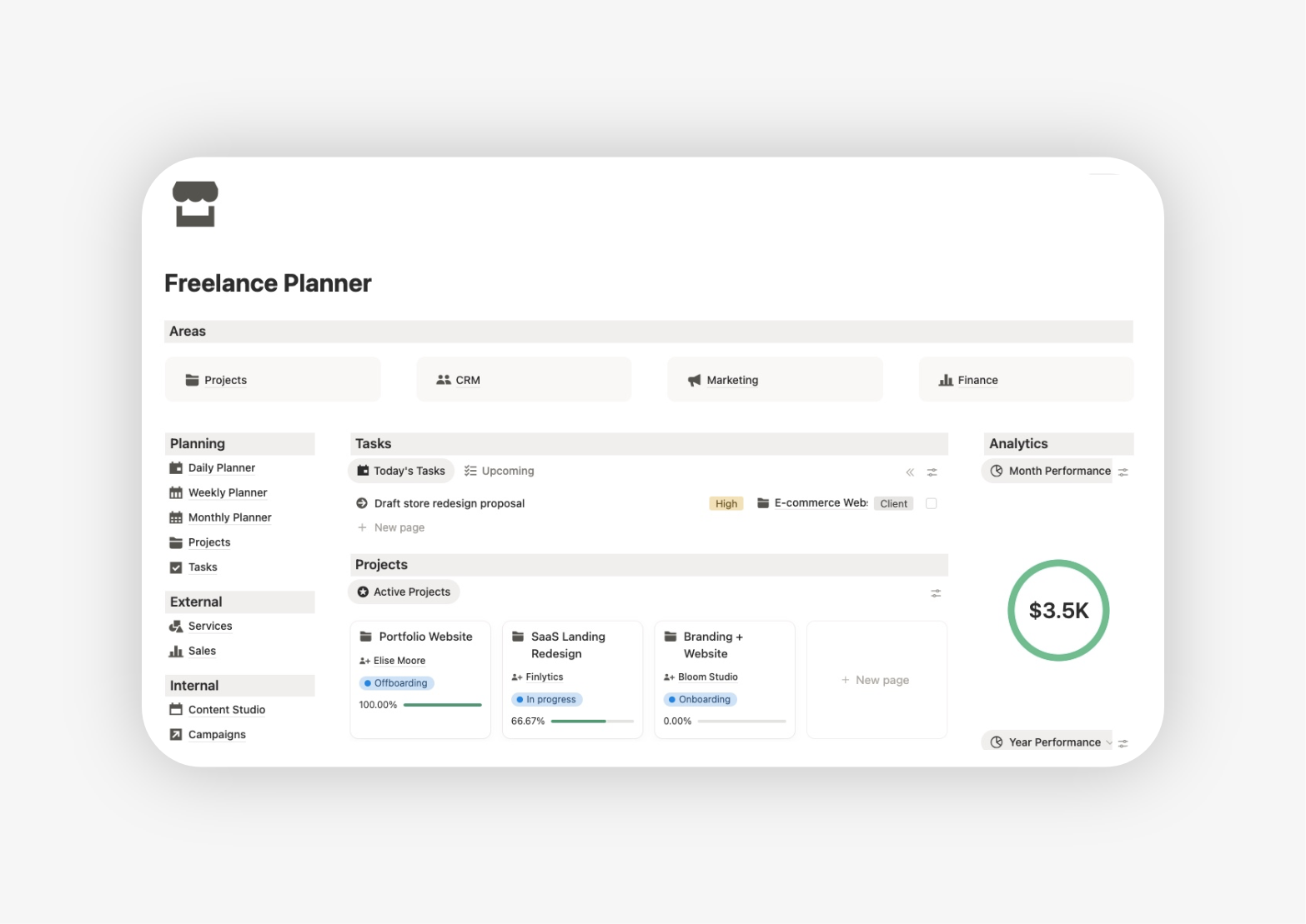 Notion freelance dashboard views for clients, projects and financial visibility
