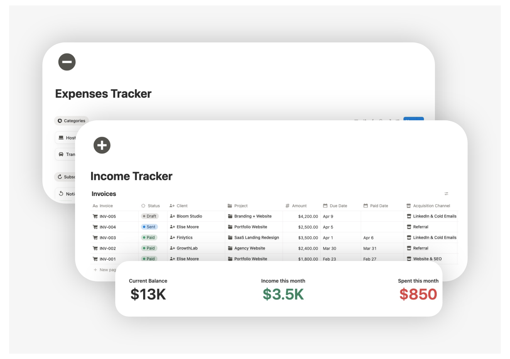 Notion freelance income tracker template with revenue, expenses and business finances