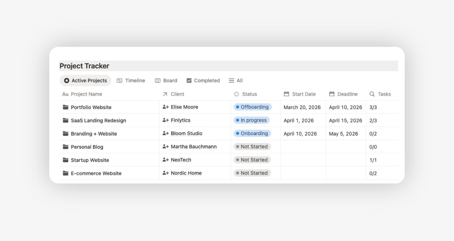 Notion freelance project management template project database showing client projects, statuses, deadlines and task progress in one central tracker