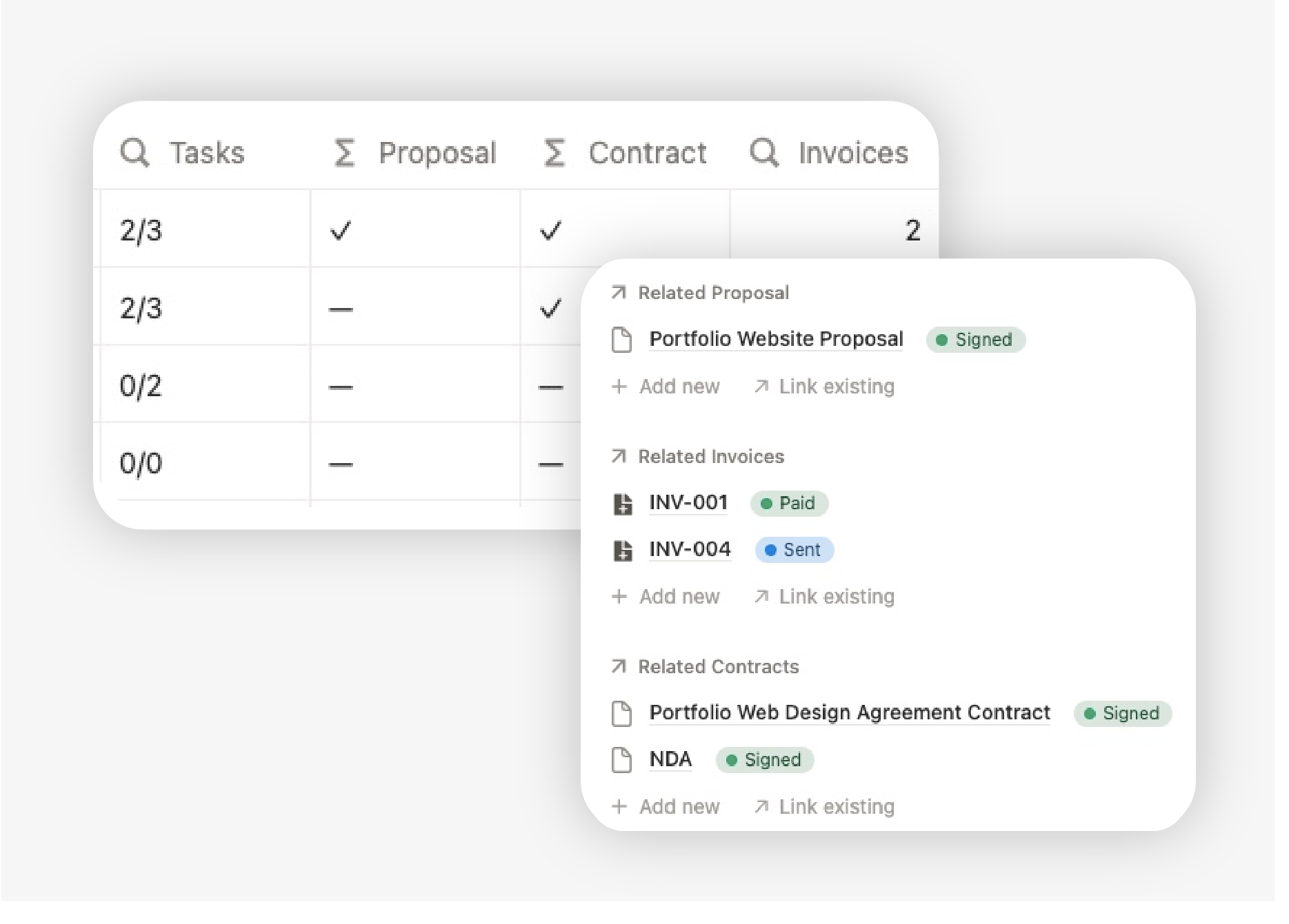 Notion freelance project management template showing related proposal, invoices and contracts linked to a project for delivery tracking and progress visibility