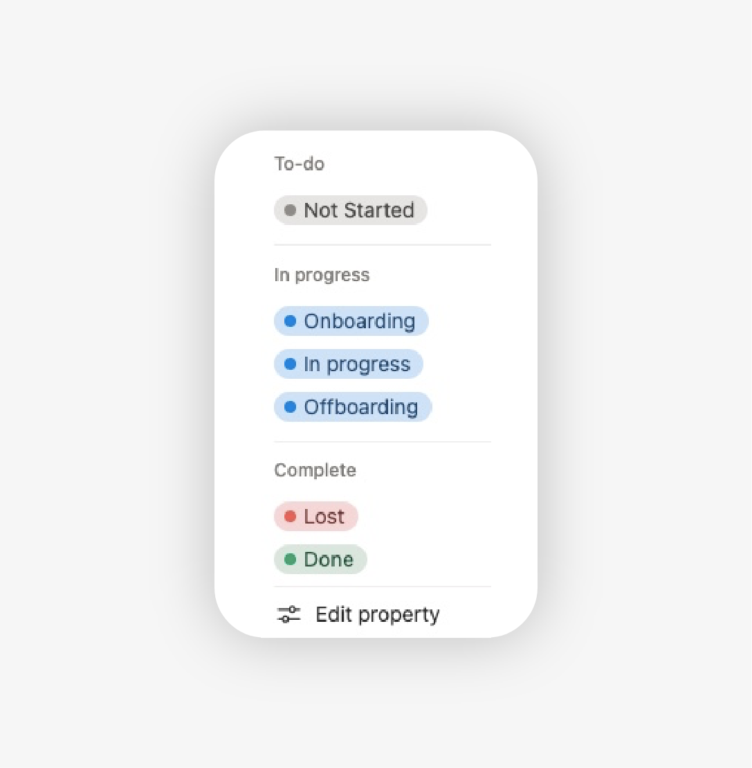 Notion freelance project management template status property showing project stages such as Not Started, Onboarding, In progress, Offboarding, Lost and Done