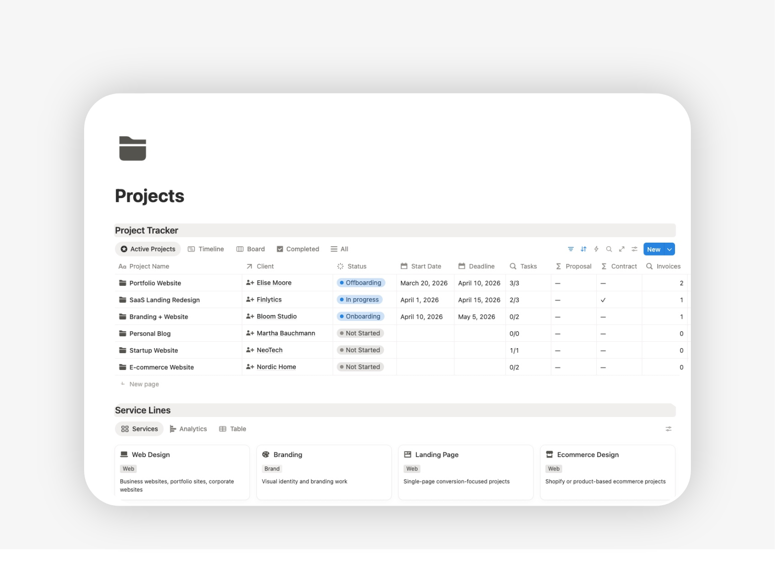 Notion freelance project management template with project stages, deadlines and deliverables