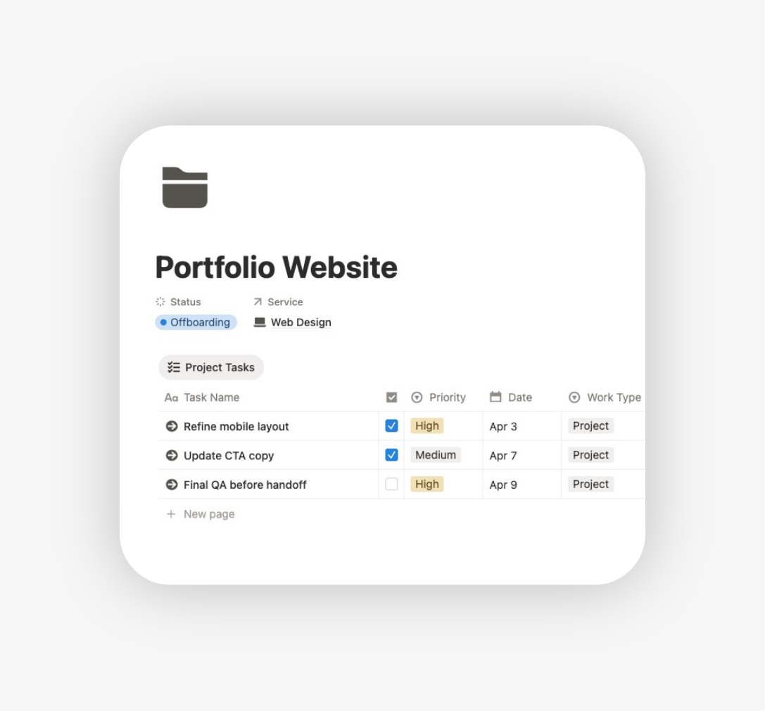 Notion freelance project page with connected task list showing project tasks, priorities, dates and work type inside the template
