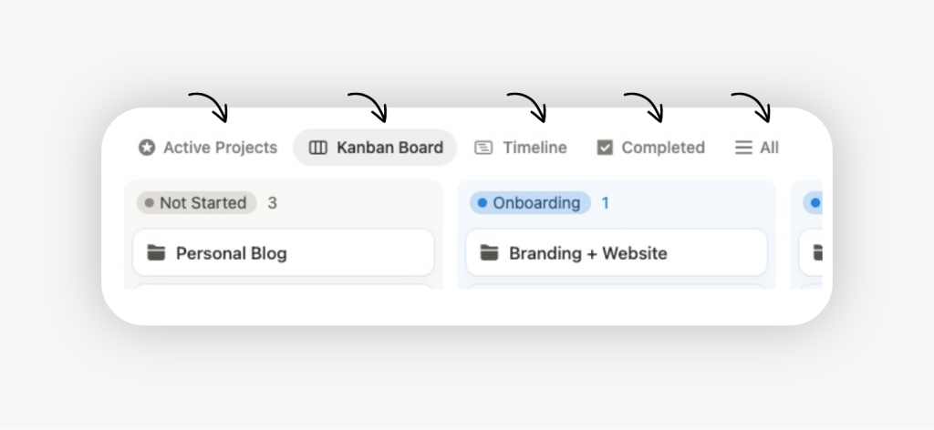 notio views bar showing different tabs for dashboards such as timeline, kanban board and completed projects