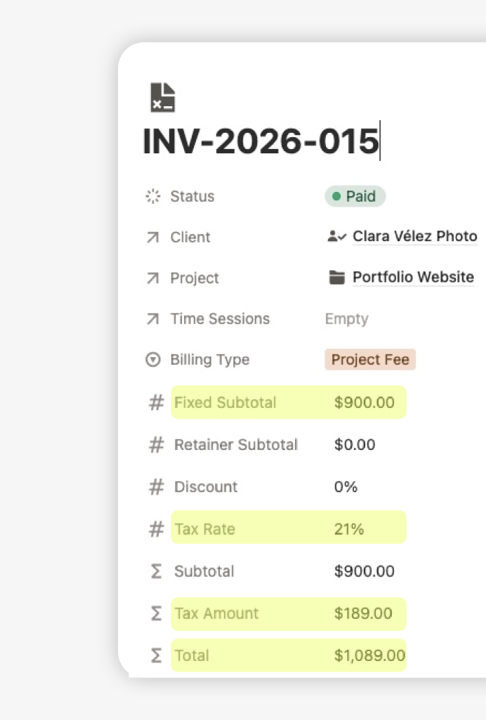 fixed fee billing invoice example with fixed subtotal, tax rate, tax amount, total